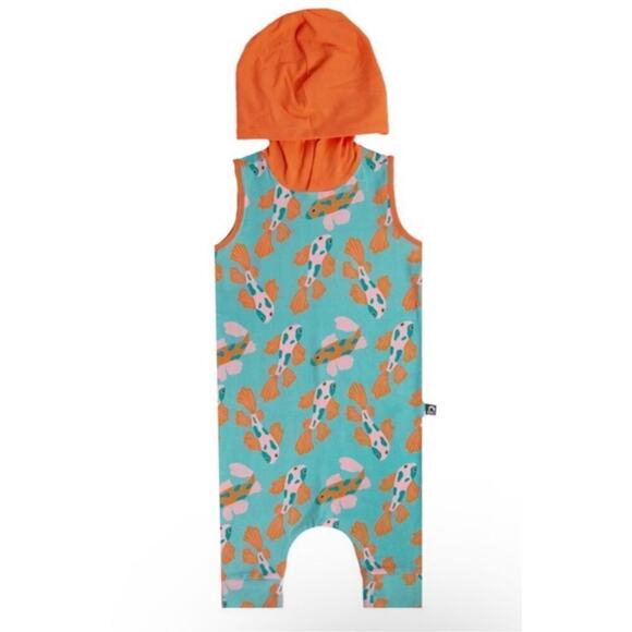 RAGS Orange Blue Koi Fish Hooded Tank Sleeveless Stretchy Romper sz 6-12 months - Picture 2 of 8